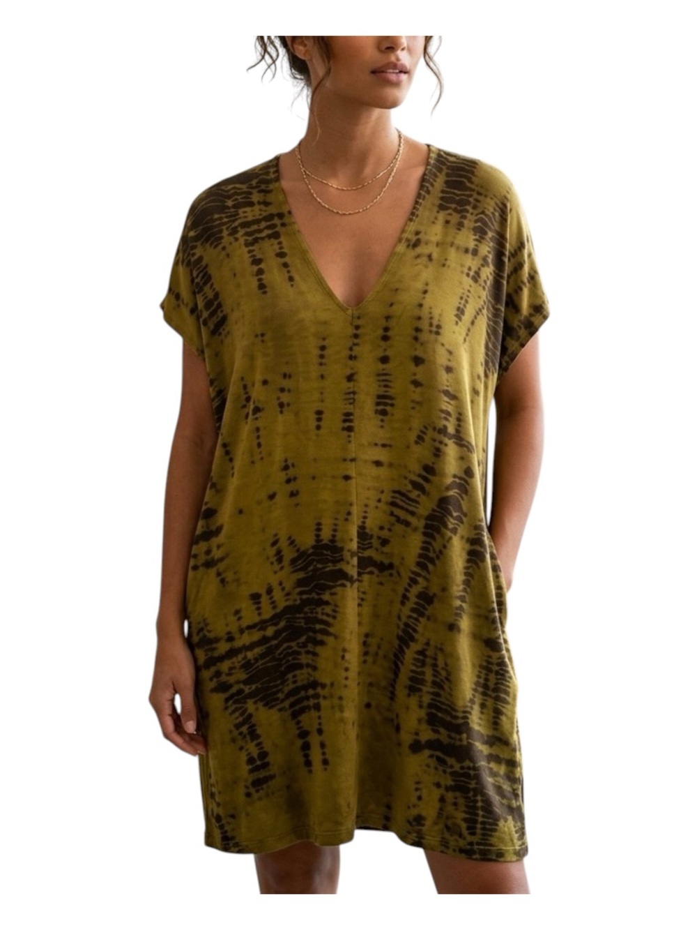 Bryn Walker Olive Green & Black Tie Dye V-Neck Tunic Top Women XS Lagenlook Top